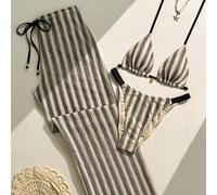 Shein Conjunto de 3 piezas de traje de baño para mujer primavera/verano 2026, degradado gris-azul fresco con rayas verticales, top de bikini triángulo halte