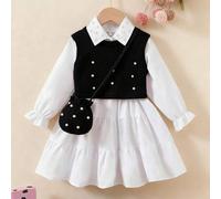 Shein Conjunto de 3 piezas de vestido elegante de moda para niñas pequeñas, que incluye vestido de camisa de unicolor casual + chaleco con cuentas + mini bo