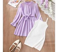 Shein Conjunto de 3 piezas de vestido midi con cintura ceñida, suave y transpirable para niñas de 8 a 12 años: Vestido de gasa lavanda con cuello Peter Pan,
