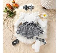 Shein Conjunto de 3 piezas de vestido/pelele casual, elegante y dulce para niña bebé en otoño/invierno, suave y transpirable, con decoración de lazo, encaje