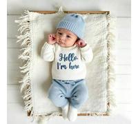 Shein Conjunto de 3 piezas "HELLO I AM HERE" Conjunto de ropa de anuncio de llegada al hospital para bebé 0-3 meses Conjunto de ropa de punto neutral para b
