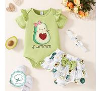 Shein Conjunto de 3 piezas para bebé niña: body de manga corta con estampado de aguacate lindo y volantes, shorts con moño y diadema para el verano