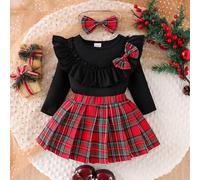 Shein Conjunto de 3 piezas para niña bebé: Blusa de manga larga negra con volantes y moño 3D, falda plisada a cuadros rojos con moño, y diadema con moño
