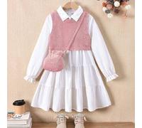 Shein Conjunto de 3 piezas para niña preadolescente que incluye: chaleco con decoración de perlas, camisa vestido casual de manga larga blanca y 1 bolso ban