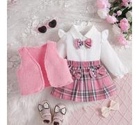Shein Conjunto de 3 piezas para niñas bebé que incluye: Camisa de manga larga con cuello con volantes y abotonadura, falda con decoración de lazo a cuadros,