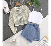 Shein Conjunto de 3 piezas para niñas preadolescentes: Camiseta de tirantes blanca + Jeans de tiro elástico desgastados + Camiseta de manga larga calada