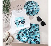 Shein Conjunto de 3 piezas para niño bebé, top con estampado de letras, pantalones cortos de playa con estampado de palmera de coco y gorro a juego, rayas a