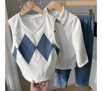 Shein Conjunto de 3 piezas para niño pequeño: chaleco casual de argyle, camisa blanca de manga larga, pantalones relajados. Adecuado para fiesta de cumpleañ