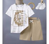 Shein Conjunto de 3 piezas para niño preadolescente: Camiseta estampada, pantalones cortos cargo y mini bolso bandolera, adecuado para actividades al aire l