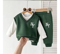 Shein Conjunto de 3 piezas para niños pequeños: Parte superior de manga larga con estampado universitario de NY + Pantalones de unicolor estampado, Otoño/In