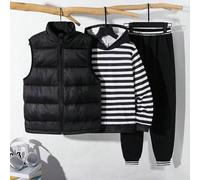Shein Conjunto de 3 piezas para niños/preadolescentes: Chaqueta sin mangas gruesa y sólida de uso diario versátil, sudadera con capucha a rayas y pantalones