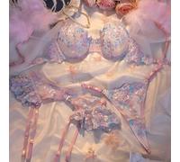 Shein Conjunto de 3 piezas: Sujetador con aros bordado con plumas, liguero y tanga para salir