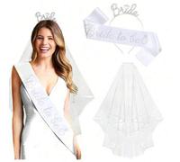 Shein Conjunto de 3 piezas - Velo de novia y cinta y diadema, juego de fiesta de la novia con faja elegante, perfecto para decoración de despedida de solter