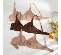 Shein Conjunto de 3 sostenes sin costuras con encaje de borde festoneado, espalda al descubierto, con aros y fondo delgado para realce