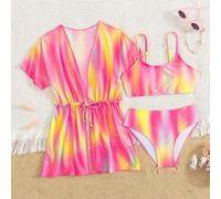 Shein Conjunto de 3 trajes de baño con estampado de teñido anudado y cintura con cordón para niña preadolescente, para playa de verano