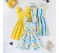 Shein Conjunto de 3 vestidos casuales de verano para niñas jóvenes, con mangas abullonadas, estampado a rayas y floral, adecuado para vacaciones, ocio y act