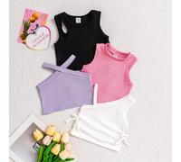 Shein Conjunto de 4 piezas de camisetas sin mangas para niñas bebé con estampado de dopamina en negro, rosa claro, púrpura y blanco, color liso, para verano