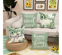 Shein Conjunto de 4 piezas de fundas de cojín para sofá impresas con hojas verdes y el texto 'El hogar es donde comienza nuestra historia', un regalo para s