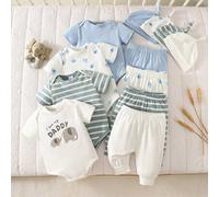 Shein Conjunto de 4 piezas de pelele de manga corta + pantalones + gorro con estampado de elefante y rayas para bebé recién nacido de género neutro, para ve