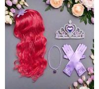 Shein Conjunto de 4 piezas de peluca larga y rizada de princesa roja, incluye accesorios de joyería con tema de sirena (peluca, corona, guantes, cetro), reg