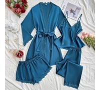 Shein Conjunto de 4 piezas de pijama con parches de encaje, camiseta de seda sintética, pantalones cortos, pantalones y bata con cinturón, ropa de otoño e i