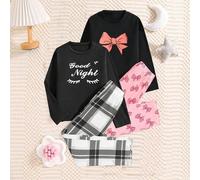 Shein Conjunto de 4 piezas de ropa casual y de moda para niñas, ropa de casa rosada con lazo "Buenas noches" para una experiencia de moda, conjunto de múlti