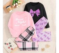 Shein Conjunto de 4 piezas de ropa casual y de moda para niñas, ropa de hogar rosada con moño dulce "Buenas noches", conjunto multipieza, adecuado para uso