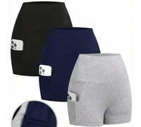 Shein Conjunto de 4 piezas para adolescentes: Pantalones cortos de punto casuales de cintura alta en unicolor negro y gris, pantalones cortos de yoga, bolsa