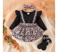 Shein Conjunto de 4 piezas para bebé niña: Vestido de smash de pastel de manga larga con volantes, bloqueo de color y parches de estampado de leopardo que p