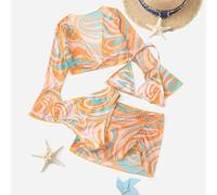 Shein Conjunto de 4 piezas para niña preadolescente con top halter de bikini con patrón fluido + top de cubierta con falda, Conjuntos a juego de madre e hij