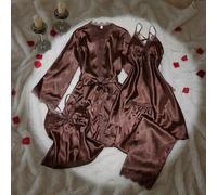 Shein Conjunto de 4 piezas SilkySpell: Camiseta de mujer con escote en V profundo, camisón, pantalones, bata, conjunto de pijama de satén, color café, conju