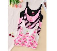 Shein Conjunto de 5 piezas de bralettes de niña grande en rosa dulce, negro y blanco con estampado de cerezas. Estos cómodos bralettes de punto ligero tiene