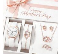 Shein Conjunto de 6/5 piezas. Este reloj de cuarzo con esfera redonda, minimalista y elegante, se combina con un conjunto de joyas con doble corazón, que in