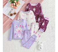 Shein Conjunto de 6 piezas de pijama para niñas, con estampado de criaturas marinas en todo el diseño, de cuello redondo y ajuste ceñido, con top de manga l