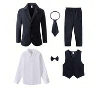 Shein Conjunto de 6 piezas para niños pequeños, en color negro y blanco, que incluye: camisa de manga larga blanca clara, corbata negra y pajarita, chaleco