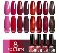 Shein Set De Esmalte De Uñas En Gel De 8 Piezas, Esmalte De Uñas En Gel De Color Rojo Y Morado Con Brillo, Kit De Barnices En Gel, Brillo De Descascarado Si