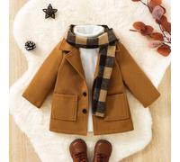 Shein Conjunto de abrigo marrón estilo británico preppy y bufanda a cuadros clásica para bebés niños en otoño/invierno, para Navidad