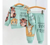 Shein Conjunto de bebé/niño pequeño con estampado de león y rinoceronte en verde menta, diseño asimétrico, cómodo, a juego con la familia, para otoño e invi