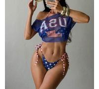 Shein Conjunto de bikini con escote halter anudado + top de malla con un solo hombro estampado, estampado de bandera nacional de doble cara, primavera/veran
