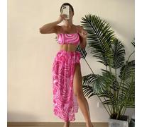 Shein Conjunto de bikini con estampado de remolino, sujetador de cami, bottom de talle alto y falda de playa, traje de baño de 3 piezas