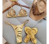 Shein Conjunto de bikini con parte superior con nudo en la espalda y estampado floral de tela metálica brillante con lentejuelas, unicolor, estilo bohemio,