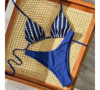 Shein Conjunto de bikini de 2 piezas con top halter triangular a rayas texturizadas azul marino & blanco, braguita triangular de unicolor, traje de baño sex