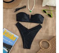 Shein Conjunto de bikini de 2 piezas elegante negro de verano para mujer, Top bandeau con alambre en V & Braguita de corte alto y trasera atrevida, Tela de