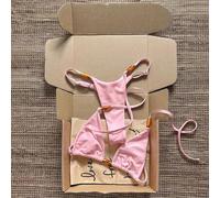 Shein Conjunto de bikini de 2 piezas para mujer Primavera/Verano 2026, color albaricoque & ámbar, con cuentas, cuello halter con lazo, tirantes finos, corte