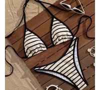 Shein Conjunto de Bikini de 2 Piezas Verano 2026 Primavera/Verano Estilo Clásico Nuevo Europeo & Americano Rayas Albaricoque & Negro Retro Sexy, Estilo Chic