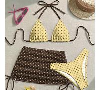 Shein Conjunto de bikini de 3 piezas con lunares retro sexy para mujer, adecuado para salidas, vacaciones en la playa, temporada de regreso a la escuela