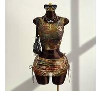 Shein Conjunto de bikini de 4 piezas con estampado de leopardo, espalda descubierta y cordones, para vacaciones en la playa. Conjunto de falda y parte super