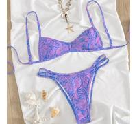 Shein Conjunto de Bikini de Dos Piezas Primavera/Verano Nuevo Transfronterizo Dulce Estampado de Concha Azul Oceánica con Ribete Delgado, Conjunto de Bikini