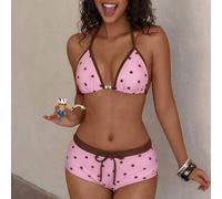 Shein Conjunto de bikini de estilo vintage con estampado de lunares amarillos y bloques de color para mujer, adecuado para salidas, fiestas de cumpleaños, u