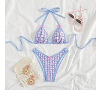 Shein Conjunto de bikini de mujer con estampado de cuadros y flores diminutas, estilo campestre con estampado de flores y cuadros, diseño de cuello de halte
